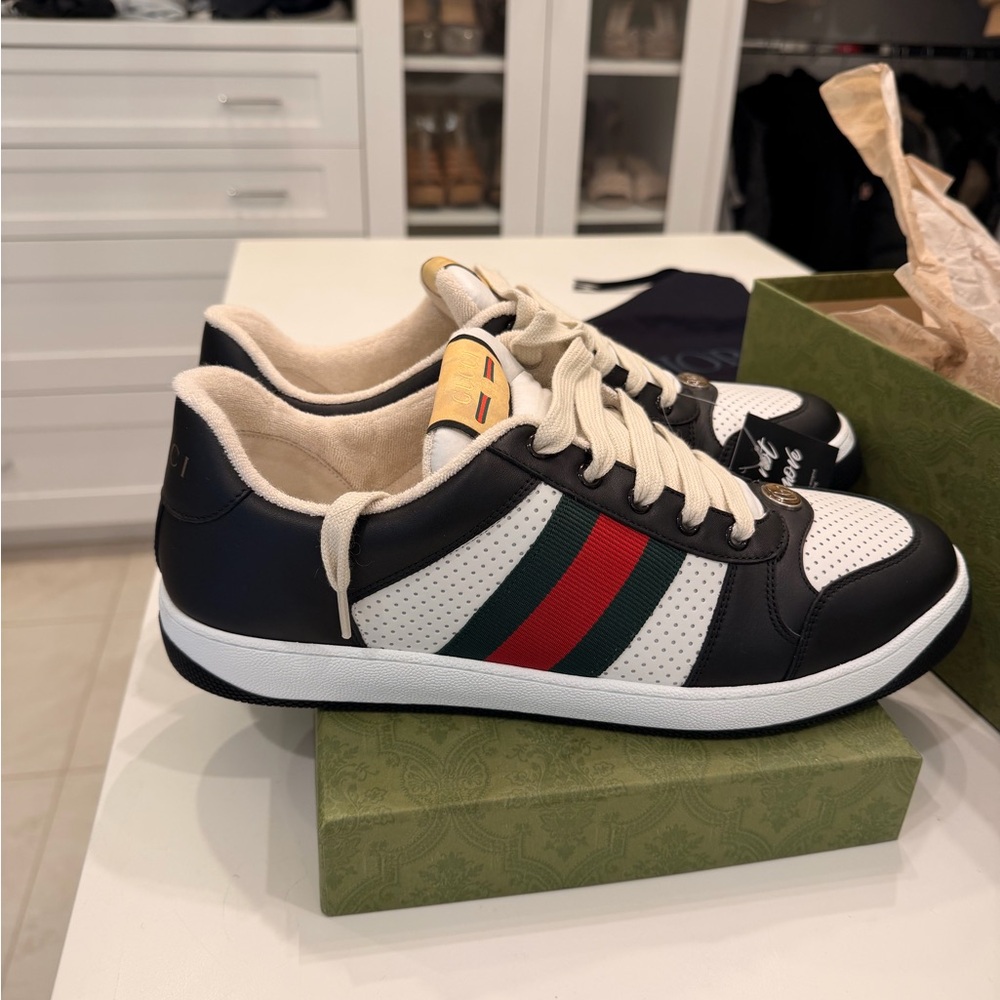 Gucci Men's Black, White, and Red Stripe Sneakers Brand New